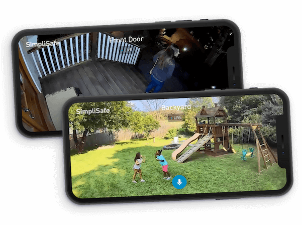 two smart phones displaying a video of lady at front door and child playing in backyard