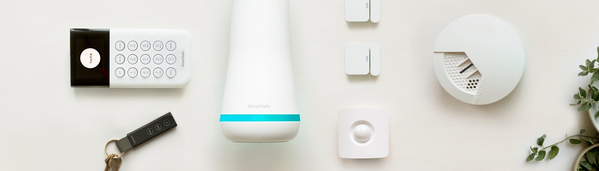 SimpliSafe system containing key fob, keypad, base station, motion sensor, two entry sensors and a smoke detector
